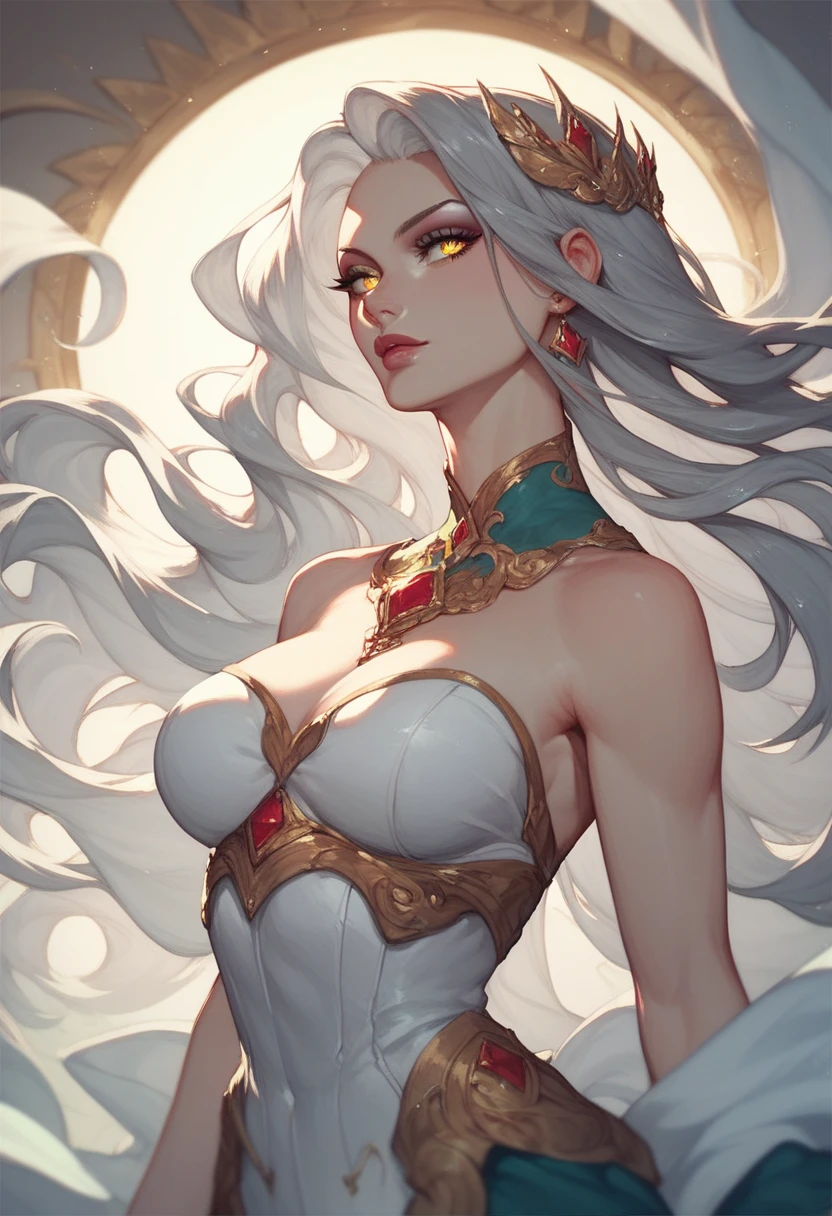 Woman, beautiful, queen, long hair, gray hair, yellow pupils, gracefully, majestic, waist, angle, dynamic angle.