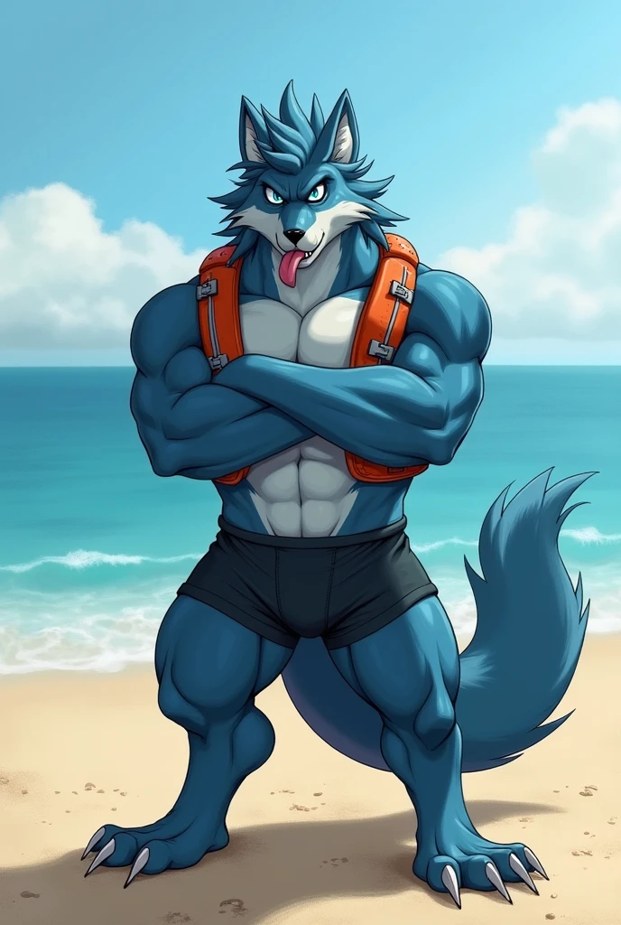 1 boy, solo, there is a blue wolf in a underwear, anthropology, wolf, hairy, blue and white fur, flex left arm muscles, korean muscle boy 2 1 years old, shirtless, the super hot and sexy, the extremely hot and sexy, robust stocky body, 30 year old man :: athletic, beach, half body, flex muscle, hlaf body, sunglasses, hand on sunglasses, less side view