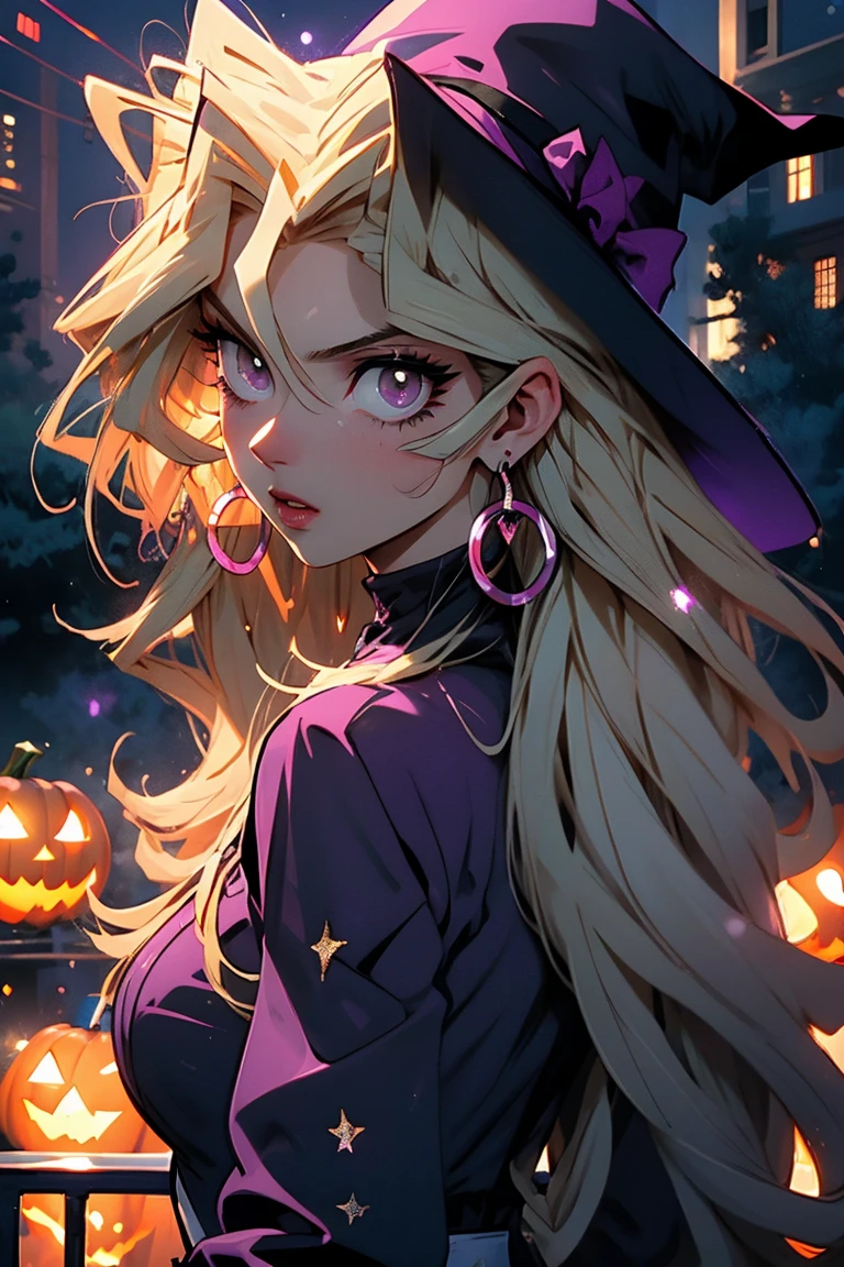 mai valentine, purple eyes, blonde hair, long hair, hair between eyes, hoop earrings, empty eyes, saliva, open mouth、（A close-up of the butt:1.3）、Dynamic pose that emphasizes the buttocks、Witch Hat、fully naked、(Masterpiece:1.3),Dynamic pose,Shiny skin,Delicate depiction,Depiction of light,Full-body composition, ((1 female)), Erotic, desire, desire, charm, sexy, Big Breasts, Big Ass, joy, Excited, sweat,Delicate and beautiful eyes, Beautiful lip detail, Highly detailed eyes and face, Long eyelashes, Calm expression, Soft Lighting, Halloween party venue, ，((Halloween night lights)), ((NAKED BODY))
