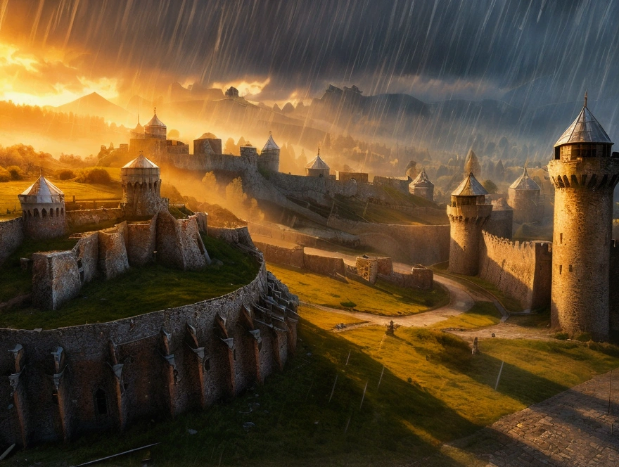 "At the break of dawn, a massive medieval army begins their assault on a hilltop fortress. Siege engines batter the walls, sending debris flying, while soldiers with raised shields march up the hill under a rain of arrows. The fortress towers over the battlefield, with banners fluttering in the morning breeze. A dramatic orange glow from the rising sun highlights the chaos. (cinematic, photorealistic, high detail, soft sunlight, atmospheric and intense)."