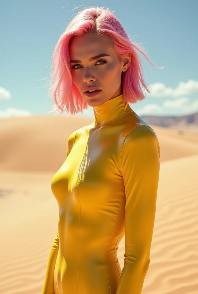 ((one defined thumb)), (looking at the viewer), break, sexy, ((alone)), (1 female), ((2)), ((highest quality)), ((masterpiece)), (familiar), skin dents, perfect face, 8K , (cowboy shot), break, short hair, (((Pink Hair 1.5))), bob cut, black eye, beautiful princess, smile, thin thighs, medium breasts, perfect limbs, ((metallic costume)), (visible nipples:0.7), (camel toe:0.4), sexy, Are standing, sunlight, bright,