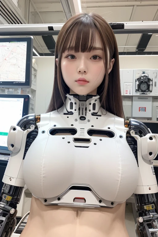 masterpiece, best quality, extremely detailed, Japaese android girl,Plump , hug,control panels,android,Droid,Mechanical Hand, Robot arms and legs, Black hair,Blunt bangs,perfect robot girl,long tube,thick cable connected her neck,android,robot,humanoid,cyborg,japanese cyborg girl ,robot-assembly plant,She is assembled now,assembly scene,chest monitor,blue eyes