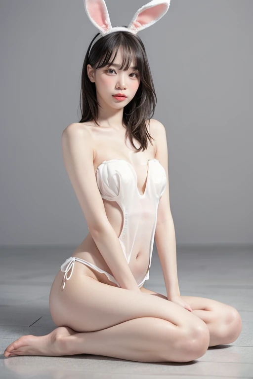  best quality, masterpiece,   ultra high resolution , (Realistic:1.4),  RAW photo, Age 19,  simple grey background, (( upper body、 sitting on the floor 、messy 、Half naked、 bunny girl)),  the audience