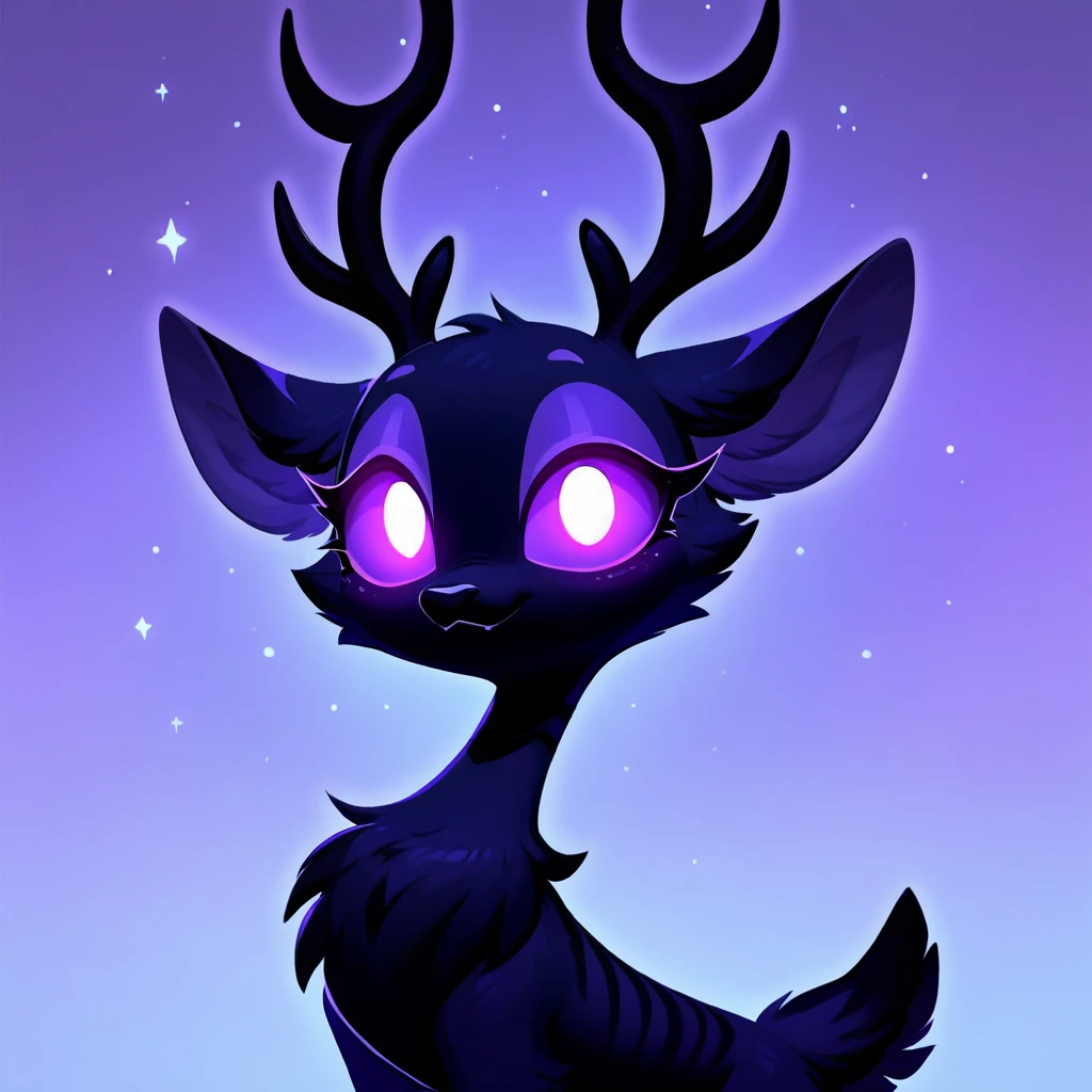 score_9, score_8_up, score_7_up, score_6_up, score_5_up, no humans, rating_safe, Purple and Black Jackalope with antlers, dark and eerie, glowing eyes, cute nightmare, dark night background