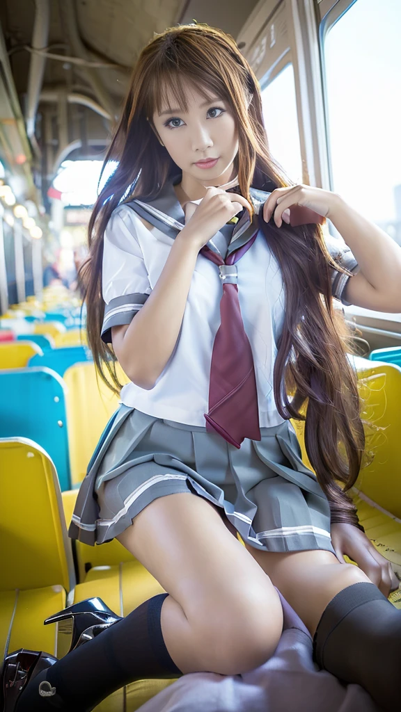 (8k), ( best quality: 1.2), (Realistic), (Realistic: 1.37),  ultra high resolution,  1 girl, cute,  closed mouth,  beautiful details , Beautiful Nose, Beautiful Hair,  pork, Thighs，Self snap, school uniform,Riding a train in Tokyo, simple blazer Pleated Skirts,(the skirt and tie:1.3),Cross-legged, the above,(Close up on thighs),(Shiny thighs),(Uniquely designed knee-high socks  :1.2)、Knee-high、 sitting with legs open 、 very thin 、Super Real Photo、 best quality,  Ultra High Definition,  textured skin,  best quality,  anatomically correct,  8k octane,  portrait photography,  movie light effect that won't light up, 、 random hairstyle、 low angle、Knee-high socks with unique designs、 sitting with legs open 、 Panchira 、 panties looking at the buttocks are visible、 anatomically correct、short uniform 、 sitting with legs standing、