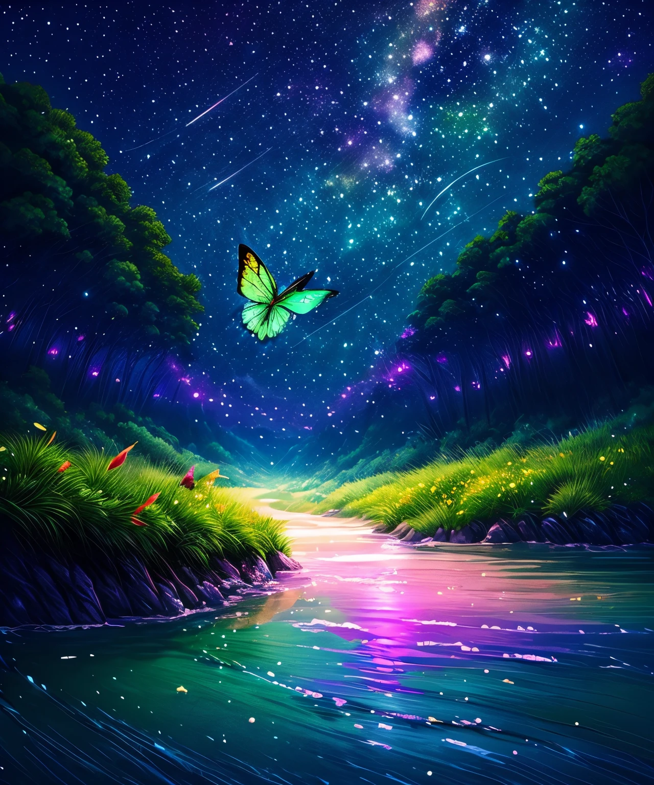 Cute girl characters 、Green Grass々Draw a butterfly flying over water,  look up at the starry sky. Surround her with colorful nebulae and colorful forests.