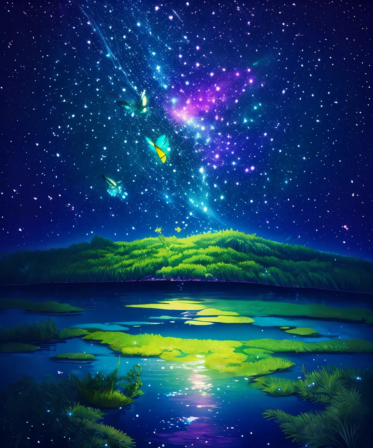 Cute girl characters 、Green Grass々Draw a butterfly flying over water,  look up at the starry sky. Surround her with colorful nebulae and colorful forests.