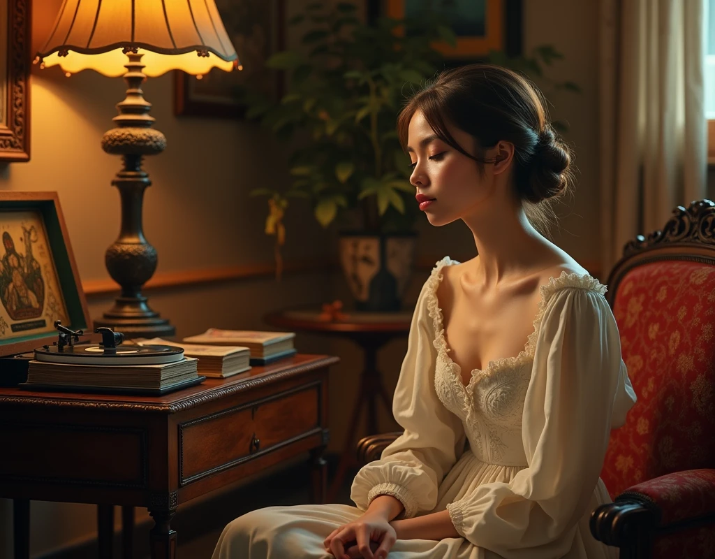 (8k RAW photo、masterpiece of best quality:1.2)、Beautuful Women、lost in thought、Exhausted appearance、The table、Keep your head in your arms、deep in thought、glass jar、soft light from the side、Backlit portrait, back - lit、Dramatic light on the face、lowkey、bokeh dof