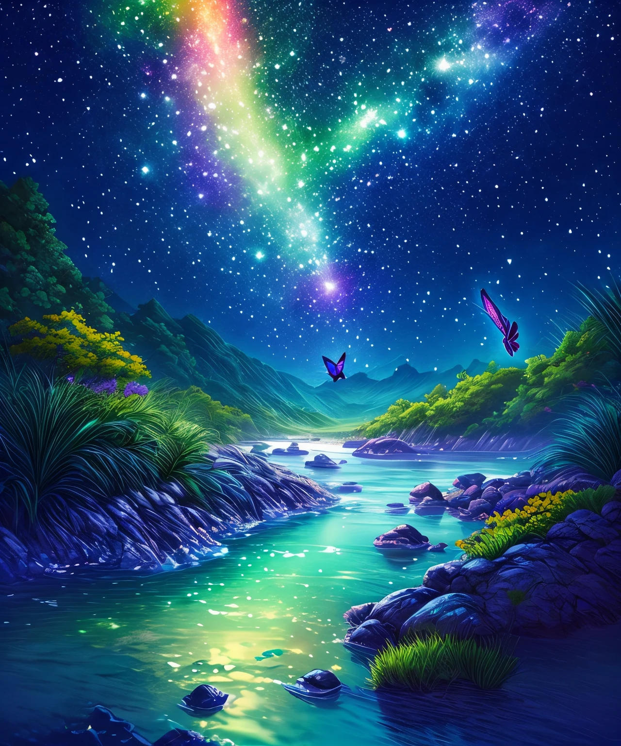 Cute girl characters 、Green Grass々Draw a butterfly flying over water,  look up at the starry sky. Surround her with colorful nebulae and colorful forests.