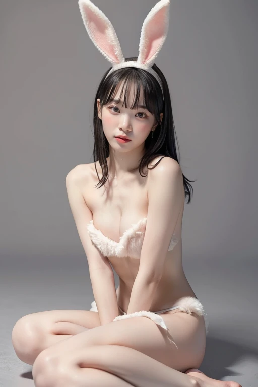  best quality, masterpiece,   ultra high resolution , (Realistic:1.4),  RAW photo, Age 19,  simple grey background, (( upper body、 sitting on the floor 、messy 、Half naked、 bunny girl)),  the audience