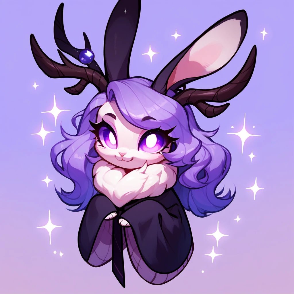 score_9, score_8_up, score_7_up, score_6_up, score_5_up, no humans, rating_safe, Purple and Black Jackalope, rabbit ears, antlers, glowing eyes, cute nightmare, dark night background