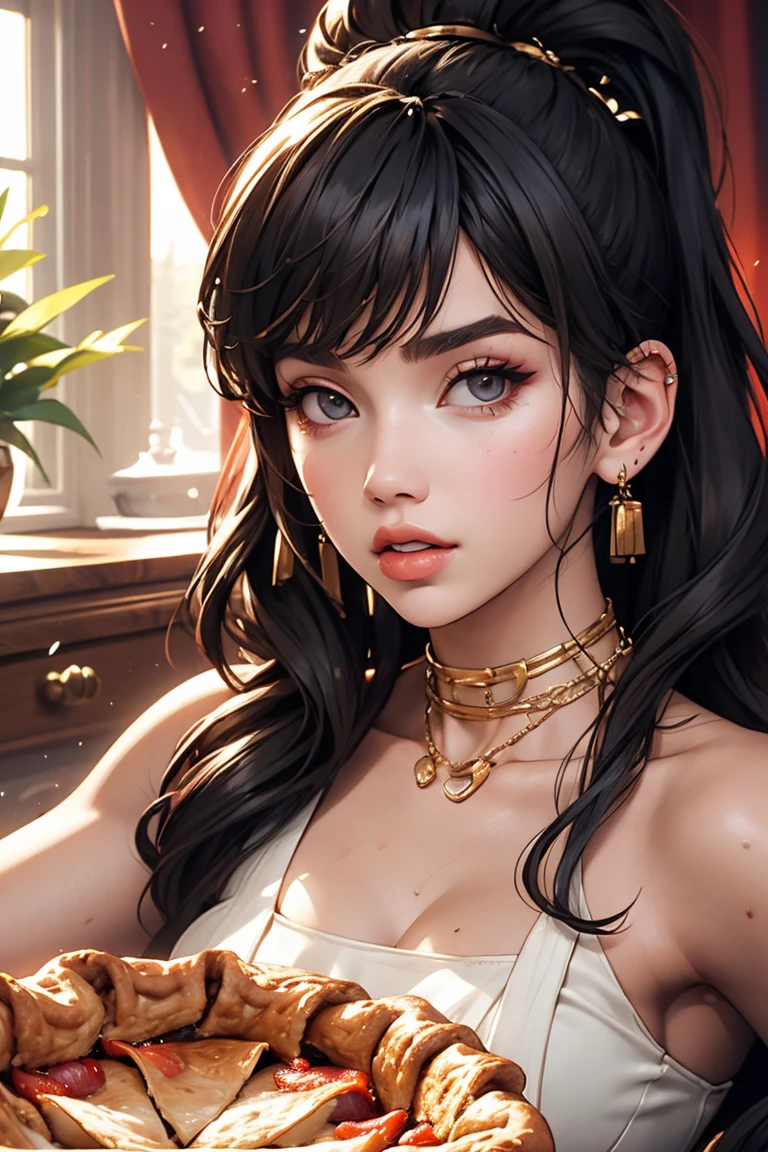 Sexy woman, perfect hair, amazing makeup, seductive smile and gaze, blushing intensely, perfect skin, soft lips, medium chest, perfect body