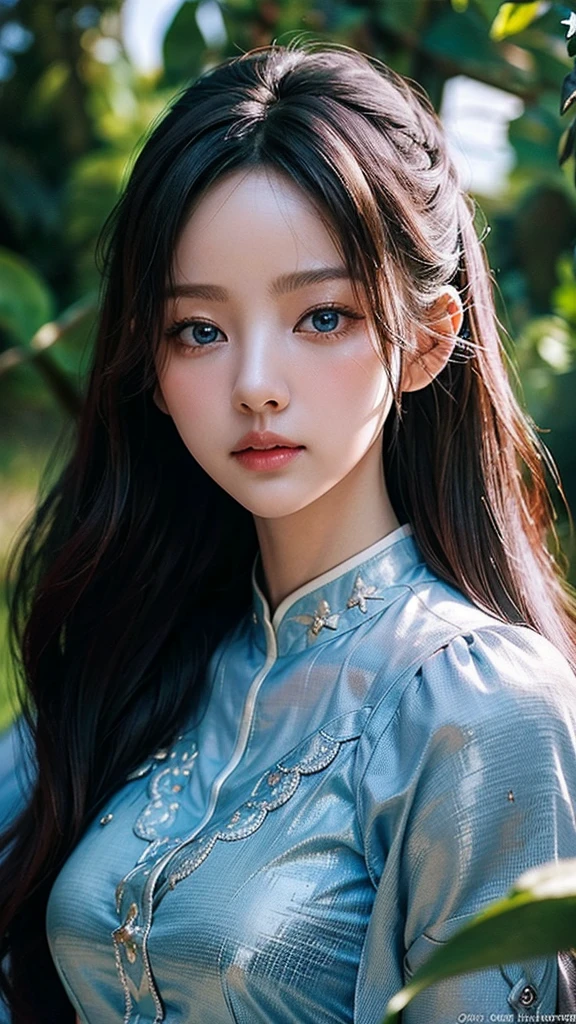 (masterpiece), ( top notch ), ( High Quality Details), (illustration), (1 woman),  look at the viewer and focus on the , (Interview),  beautiful and detailed eyes ,  delicate and beautiful face , Floating , (High saturation), (shining),  blue sky, Bright and beautiful face,  skin is young and radiant , 공정하고 shining, Best appearance , Very beautiful,  big eyes shine with clear sky blue light,  beautiful and amazing beautiful girl ,