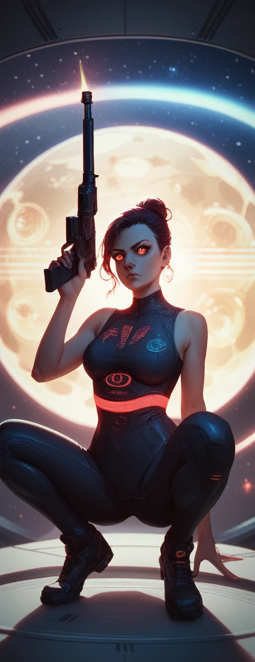 (granoso:0.5),  cinematic ,girl, space, Serious, detailed eyes,  detailed face, Detailed futuristic clothing, Lights on clothing, (aiming gun:1.1), (concealment:1.1), (crouching, looking to the side:1.1), volumetric lighting, Isolation, horror,  dark lighting , red bioluminescent details, Bioluminescent green details, blue bioluminescent details