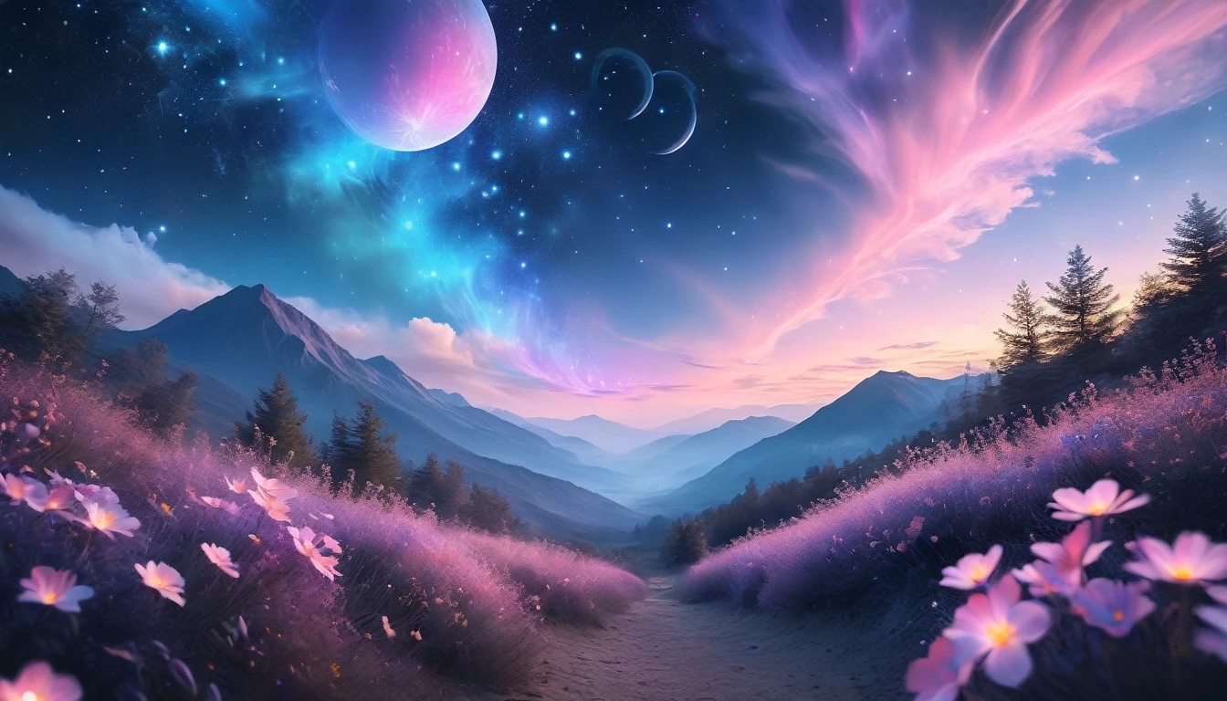 A starry night filled with soft, pastel-toned nebulae blending pink, blue, and lavender hues, giving a dreamlike, ethereal atmosphere.