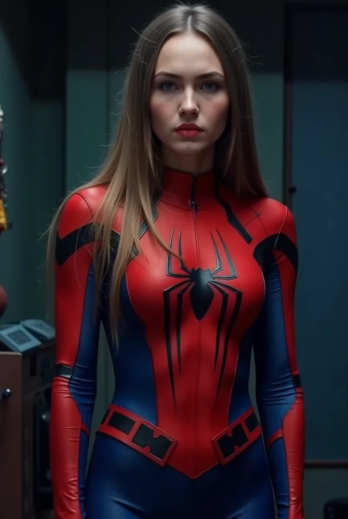 Elizabeth Lail in a spider man suit without the mask in the back of a limo