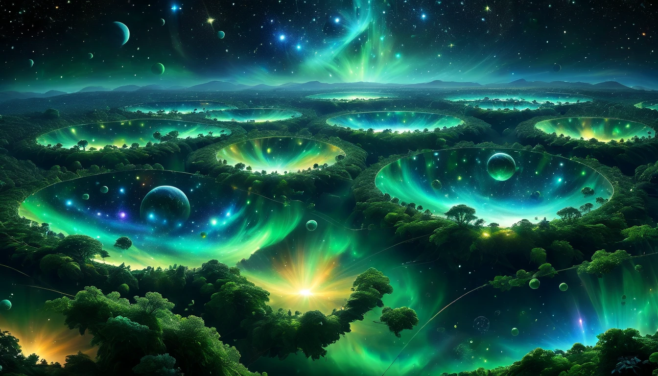 An intense cosmic view with multiple glowing planets in the distance, surrounded by a thick cloud of emerald-green nebulae and tiny starlight.