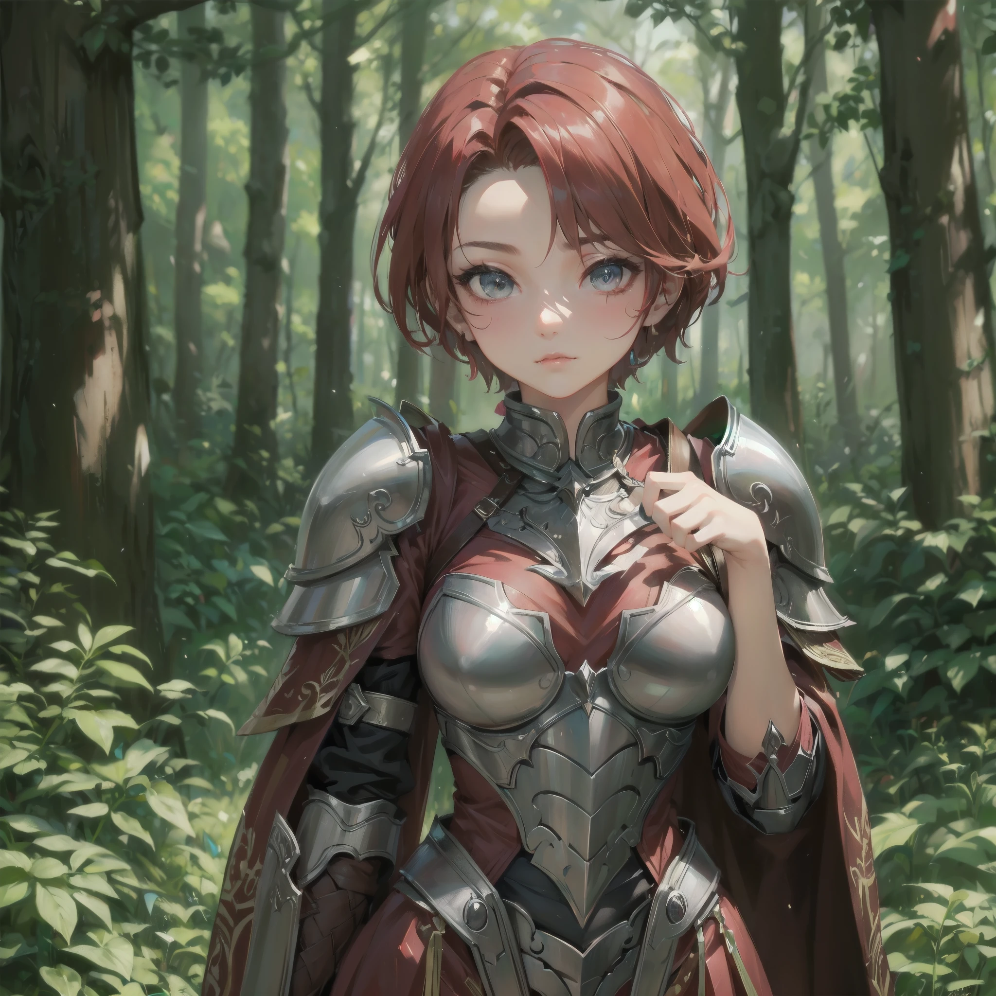 Vibrant colors, masterpiece, sharp focus, best quality, depth of field, cinematic lighting, girl, dusk, forest, cloud, shinny hair, shinny skin, bodysuit, elf light armor, elf clothes, elf girl, pointy ears, red hair, Antenna hair, spiked hair, short hair with side locks, orange eyes, short hight ponytail, black thigh boots, belt, short shorts, hair between eyes, bow (weapon), holding bow, more prism, vibrant color, drawing bow,upper body,