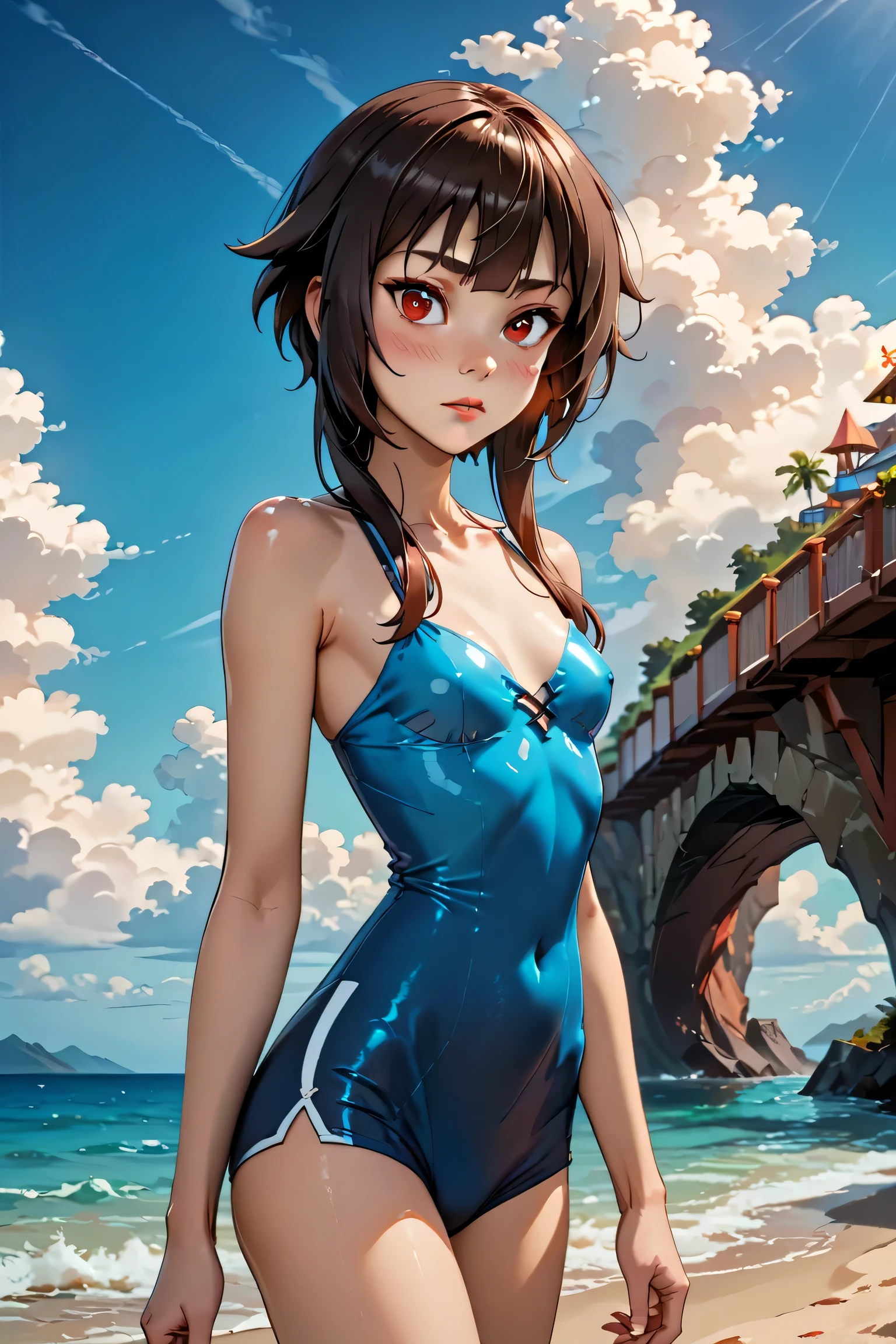 (highest quality:1.2, Very detailed, Latest, Vibrant, Super Detail, Ultra-high resolution, High Contrast, masterpiece:1.2, highest quality, Best aesthetics, there is:0.9), alone, (1 female), Megumin, short hair, black hair, (red eyes:1.3), short hair with long locks, minimal, 1girl, solo, red eyes, nose blush, shy, looking at viewer, tight round butt, cute overload, small breasts, slim figure, contrapposto, (beautiful sandy shore), (ocean in background), (beautiful blue sky),
