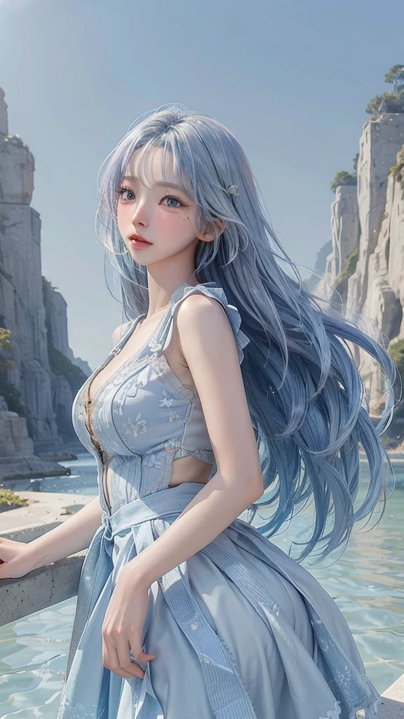 Beautifully drawn, High quality, Ultra-detailed CG illustration of a young woman with a calm expression, Gaze into the distance,His striking light blue hair fluttered gently in the desert breeze. The landscape behind him is vast and breathtaking, Transports viewers to a world of wonder and exploration.