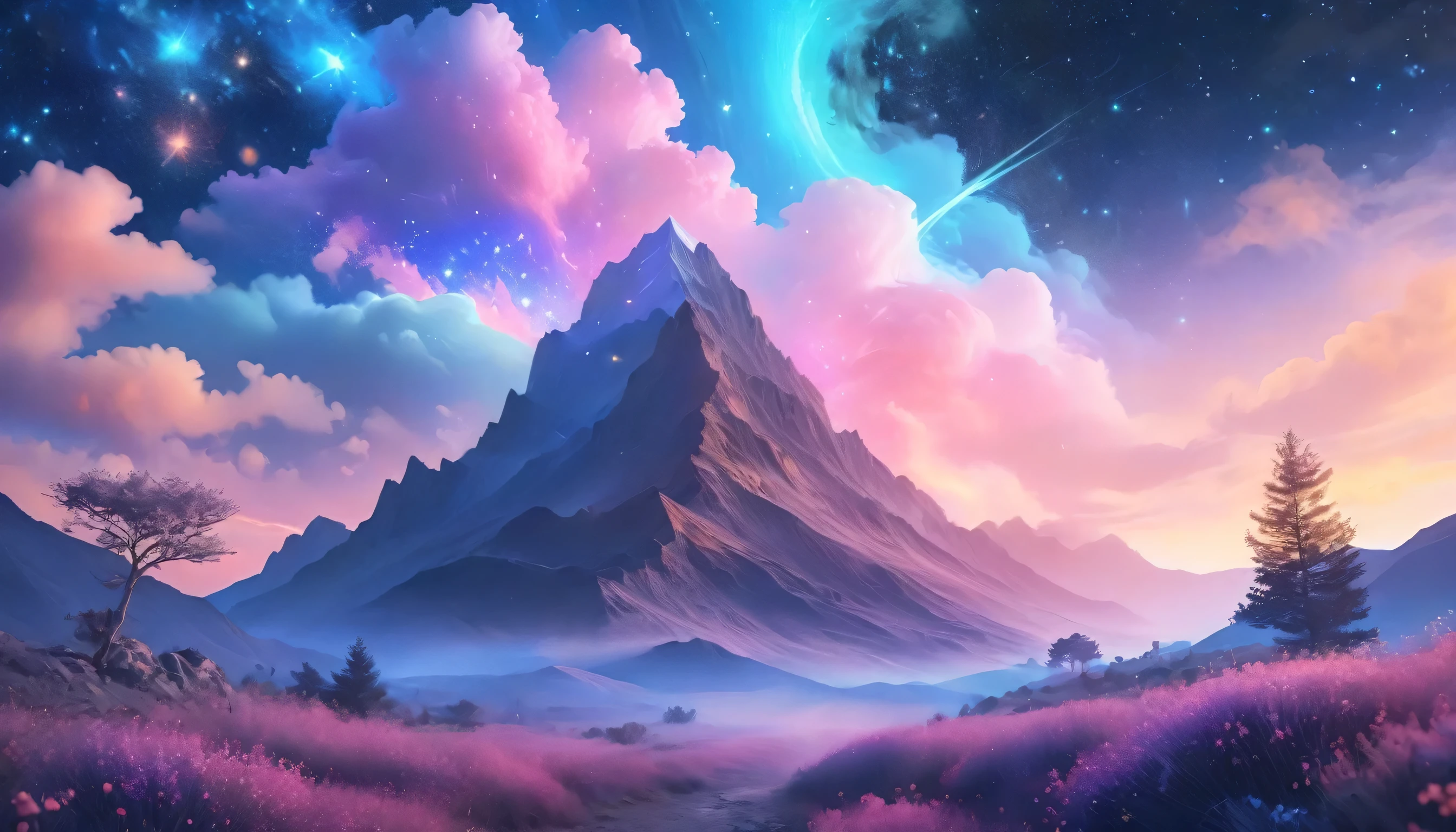 A starry night filled with soft, pastel-toned nebulae blending pink, blue, and lavender hues, giving a dreamlike, ethereal atmosphere.