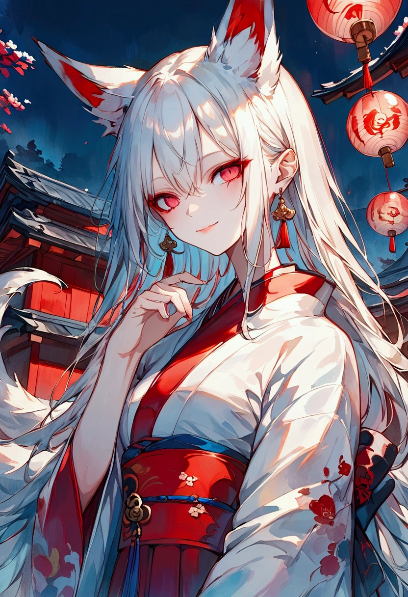 Masterpiece, highest resolution, highest quality, detailed depiction, beautiful, art, watercolor style, Japanese yokai, ((nine-tailed fox)), anthropomorphized fox, fair skin, slender eyes with distinct red eyeliner, silver hair, long hair, fox ears emerging from the head, beautiful white and red kimono, cool beauty, midnight,  place a paper balloon in the palm of your hand、Stare at a paper balloon 、smile、traditional Japanese house in the background, 4K graphics.