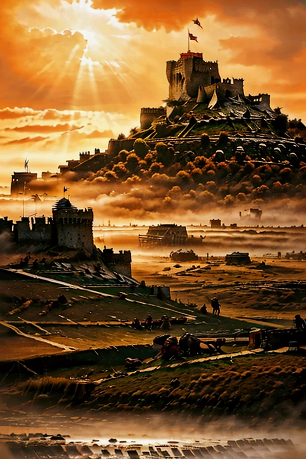 "At the break of dawn, a massive medieval army begins their assault on a hilltop fortress. Siege engines batter the walls, sending debris flying, while soldiers with raised shields march up the hill under a rain of arrows. The fortress towers over the battlefield, with banners fluttering in the morning breeze. A dramatic orange glow from the rising sun highlights the chaos. (cinematic, photorealistic, high detail, soft sunlight, atmospheric and intense)."