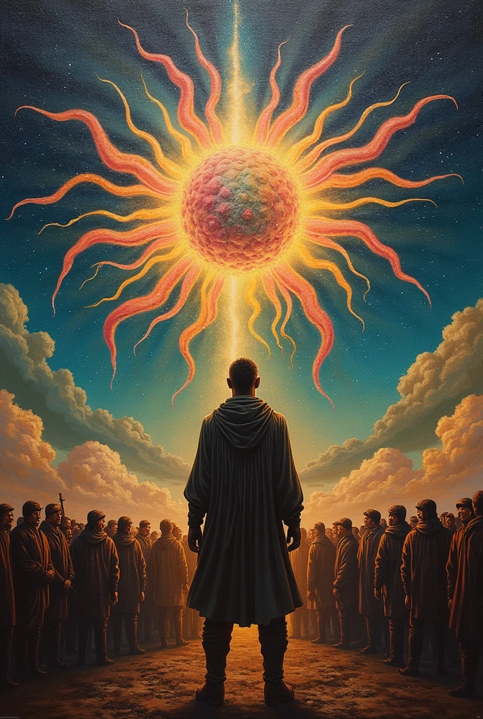  painting of a man standing in front of a crowd, Hallucinatory Art ,  Psychedelic Surreal Art , Shamanistic horror LSD art,  surreal art of fear , dmt death of ego,  psychedelic cosmic horror , DMT egodeth ,  Shamanism DMT Horror Art ,  ultra-detailed fantastic art ,  highly detailed visionary art , Tool Band Art, Style Alex Grey 