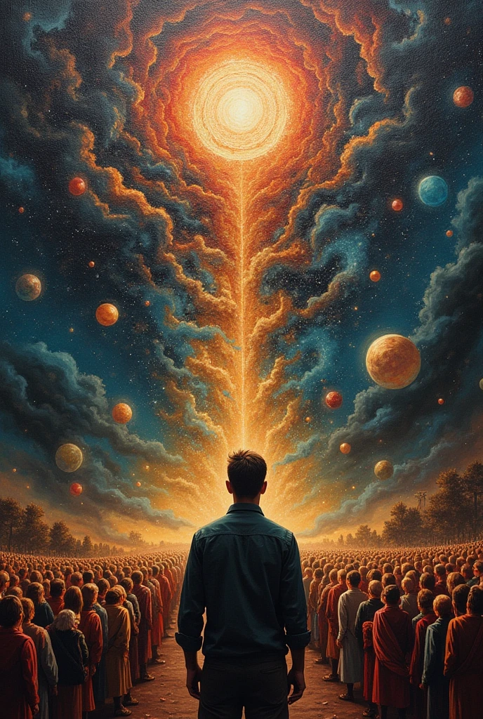  painting of a man standing in front of a crowd, Hallucinatory Art ,  Psychedelic Surreal Art , Shamanistic horror LSD art,  surreal art of fear , dmt death of ego,  psychedelic cosmic horror , DMT egodeth ,  Shamanism DMT Horror Art ,  ultra-detailed fantastic art ,  highly detailed visionary art , Tool Band Art, Style Alex Grey 