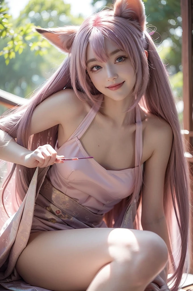 ((Kamado Nezuko)), 1girl, closed mouth, smile, flower, long nails, looking at the viewer, petals, pink eyes, purple hair, ((masterpiece)), embarrassed, surrounded by people, walking on the street in public, nsfw, ecchi style, hands on waist, walking in school, playboy bunny, playboy bunny, big thighs, pantyhose, ecchi, malicious smile, malicious look, ,(cameltoe) , nipple stand out, pussy stand out,(glossy)