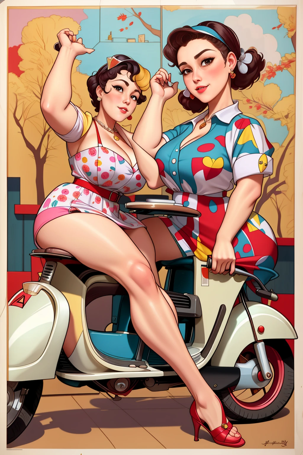 chubby woman in a dress and helmet riding a scooter, arte pinup, Poster de garota pin-up,  inspired by Vincent Lefevre ,  artwork in the style of guweiz , por John La Gatta, Adi Granov,  beautiful retro art , Martin then, pinup girl, pinup,  sixties pinup , Poster, pin-up, pin - up