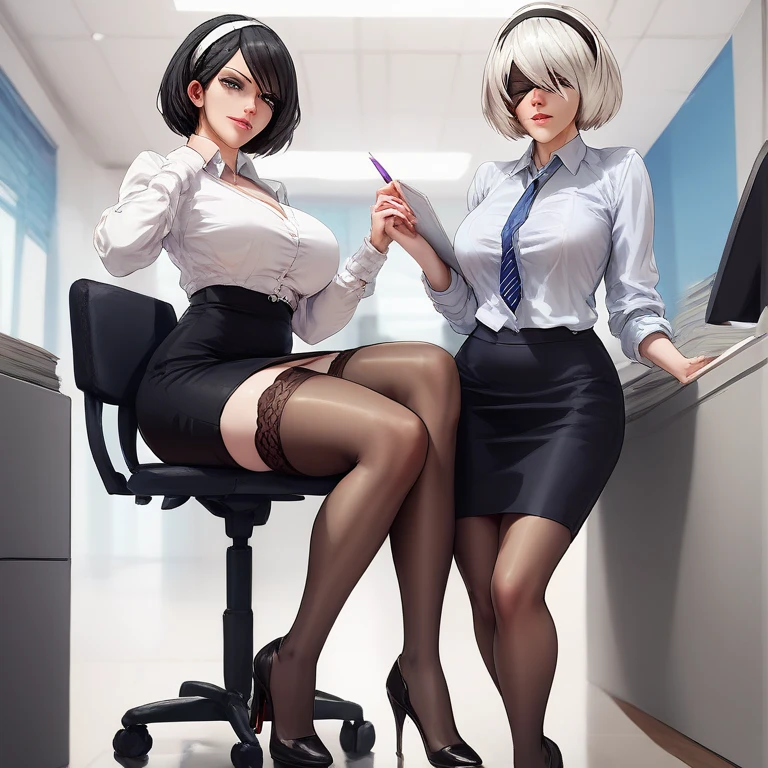 Yorha 2B, grey pencil skirt, nylon stockings , white blouse, grey jacket, heels,  office suit 