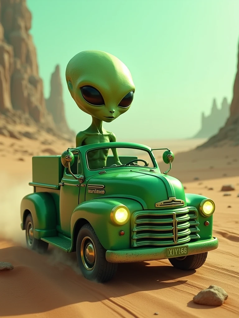 a green dwarf alien, behind him a Volvo 2024 truck, around the moon and the planet Jupiter
