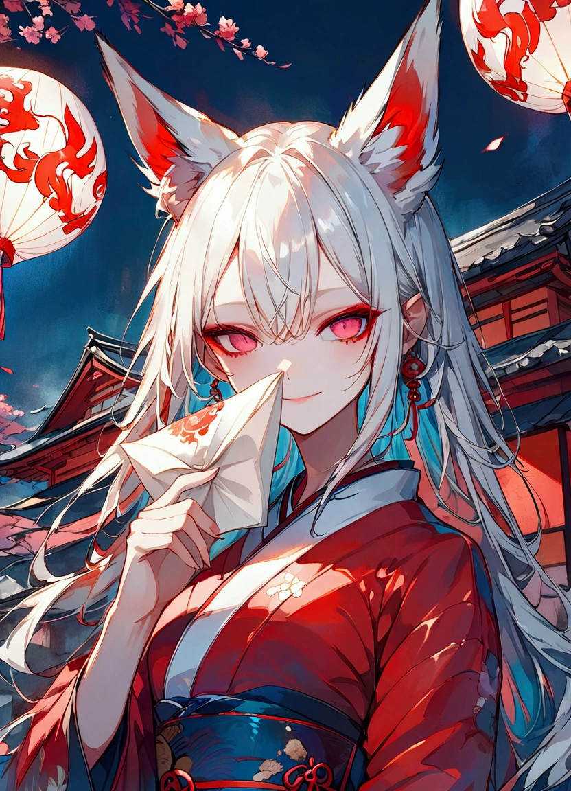 Masterpiece, highest resolution, highest quality, detailed depiction, beautiful, art, watercolor style, Japanese yokai, ((nine-tailed fox)), anthropomorphized fox, fair skin, slender eyes with distinct red eyeliner, silver hair, long hair, fox ears emerging from the head, beautiful white and red kimono, cool beauty, midnight,  ((place a paper balloon in the palm of your hand、Stare at a paper balloon ))、smile、traditional Japanese house in the background, 4K graphics.