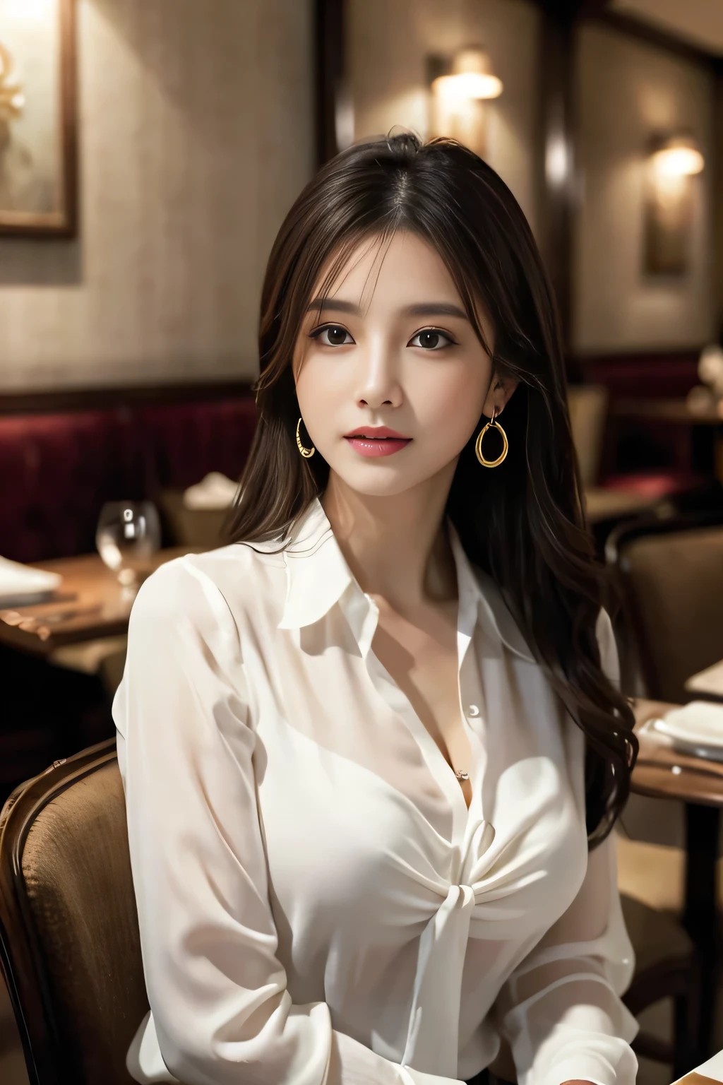 masterpiece, highest quality, Realistic, Very detailed, Finer details, High resolution, 8k wallpaper, One beautiful woman, Wear an elegant see-through shirt, In a great restaurant, At night, Light brown messy hair, Perfect dynamic composition, Beautiful and beautiful eyes、Big earrings、Sitting in a chair、