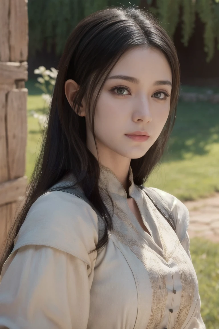 young medieval peasant woman with long black hair, porcelain skin, 8k, medieval city, A beautiful adult woman with a soft face, perfect brown eyes, detailed face, long eyelashes, cinematic photorealistic lighting, (best quality,4k,8k,highres,masterpiece:1.2),ultra-detailed,(realistic,photorealistic,photo-realistic:1.37),cinematic