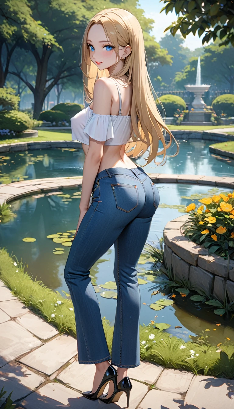 One girl, Blonde, sexy, (((Vibrant colors, sunlight, Very detailed)))、Eros、Full nudity、naked、Pool、Side show、Big Breasts、Nipples、Luminance、Waistline、slim、8k、Highest quality、smile、sexy、Sex Appeal、No underwear、No clothes、Vagina、between legs、Show your side、between legs接写、全naked、衣No clothes、Proudly、Large Breasts、masterpiece、Angle from below、Share、Ass、Anal、squat、dorsal position、Assアップ、Backwards、Back pose、back of head、Open up