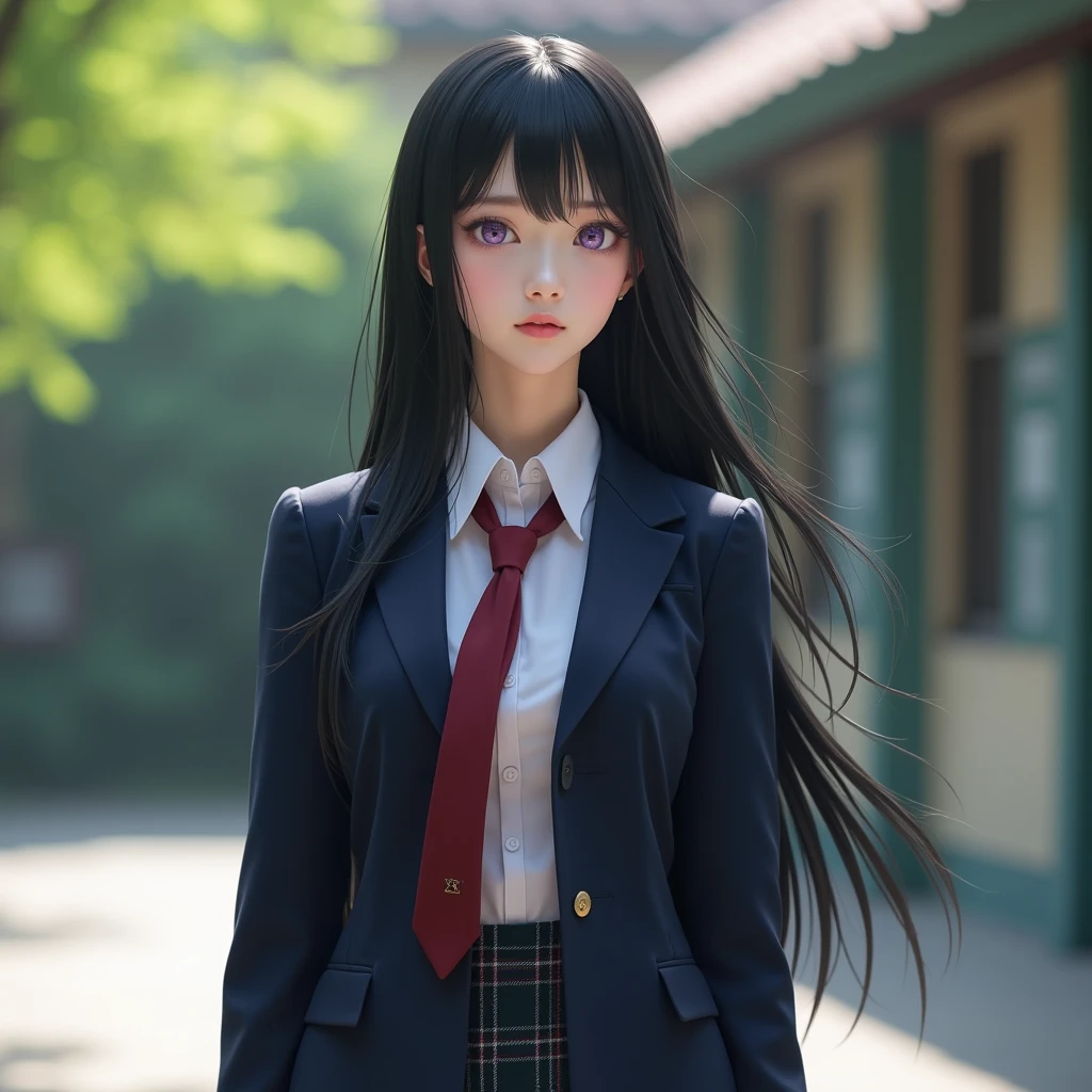 A cute and charming girl with long, luscious black hair cascading down her back in gentle waves is sitting on a park bench, engrossed in a book while the wind gently rustles her skirt. The environment is idyllic and serene, with colorful flowers and lush trees swaying in the breeze. The overall mood is tranquil and peaceful, exuding a sense of contentment and joy. Hand-drawn anime style with bright colors and soft outlines, emphasizing the girl's adorable features and the natural beauty of the scene. --ar 9:16 --niji