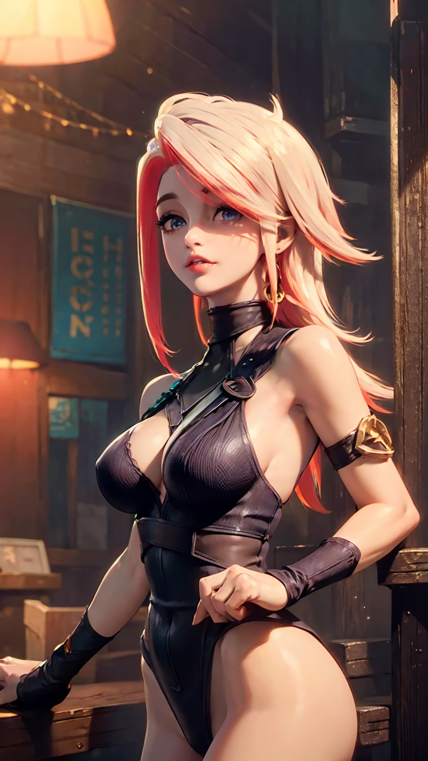 (best quality, high resolution: 1.2), 1 girl, beautiful detailed eyes, beautiful detailed lips, extremely detailed eyes and face, long eyelashes, medium, vibrant colors, HDR, physically realistic rendering, large breasts, perfect shape, visible armpit, facing viewer, gorgeous, sleeveless bodysuit, bra, panties, nude girl, sexy girl, graceful