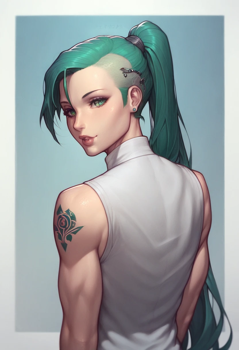 Asura style, 1girl, Mion Sonozaki, green hair, green eyes, ponytail, open back, dragon tattoo, night background