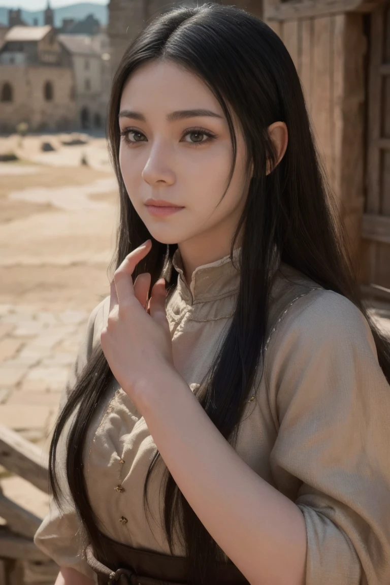 young medieval peasant woman with long black hair, porcelain skin, 8k, medieval city, A beautiful adult woman with a soft face, perfect brown eyes, detailed face, long eyelashes, cinematic photorealistic lighting, (best quality,4k,8k,highres,masterpiece:1.2),ultra-detailed,(realistic,photorealistic,photo-realistic:1.37),cinematic