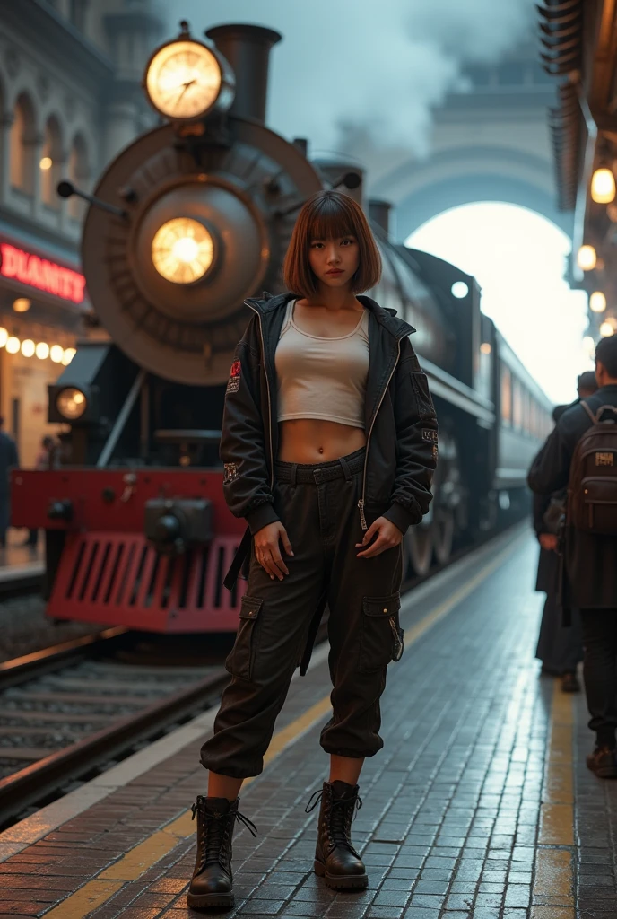 ultra-realistic, photorealistic, dramatic scene, shadow, global-illumination, solo, (20 years old Japanese famous idol girl:1.5), very beautiful fragile Japanese girl, very beautiful with very cute face, (modern maid, detailed face skin texture:1.2), (wearing a cyber punk outfit, crop top tee with sporty jacket, hot pants, backpack, professional rugged outdoor long boots:1.2), She is standing at the steam punk train station, in front of the steam locomotive, gorgeous international night train, antique decorated train station, there are Medieval Dressed many travelers