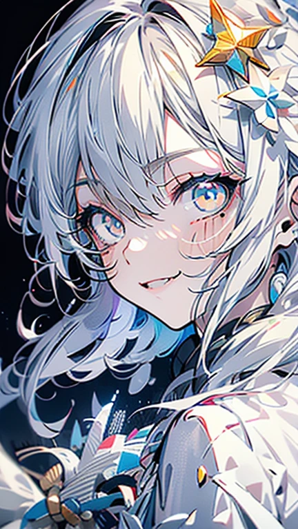 grey hair, white hair, ahoge, asymmetrical bangs, shiny hair, wet hair, mullet, crescent hair ornament, mole under eye, mismatched pupils, yellow eyes, longeyelashes, evil smile, fangs, doyagao, anime, anime style, Hyperrealism, god rays, character chart, omake, tachi-e, UHD, masterpiece, accurate, anatomically correct, high details, super detail, high quality, best quality, highres, 1080P, 16k