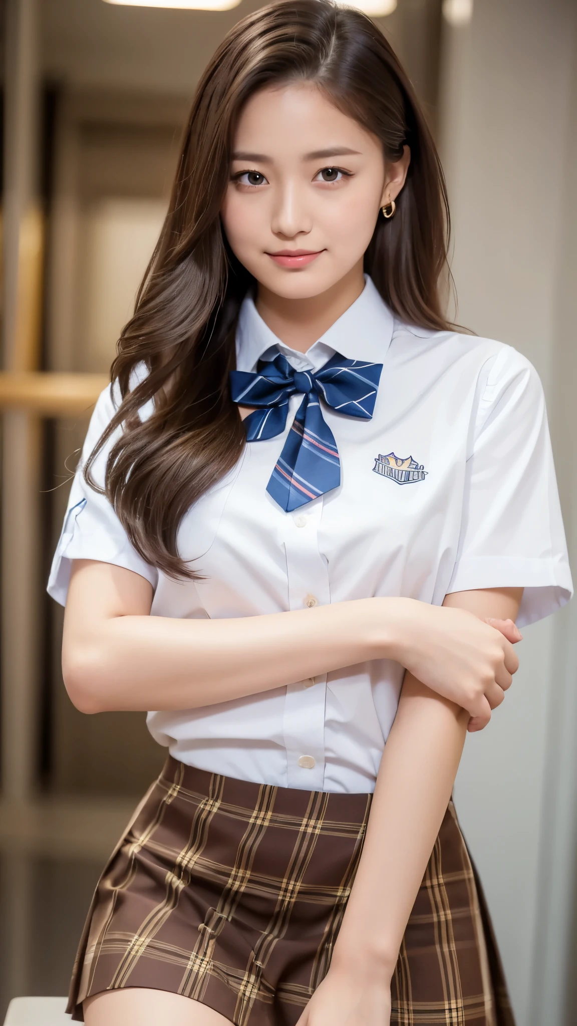 (Highest quality, 4K, 8k, High resolution, masterpiece, Genuine, Realistic, Realistic:1.3), (upper body), Girl standing in a school changingroomand touching skirt, blue bow tie Uniform, Dark Blown Blazer, blown plaid skirt, Ear piercing, Gal Makeup, wearing white collared shirts, ((brown curl long hair:1.3)), gold bracelets, 18-year-old, A small smile,Thighs, knees, From below, having pinching skirt:0.2, open legs:0.8,