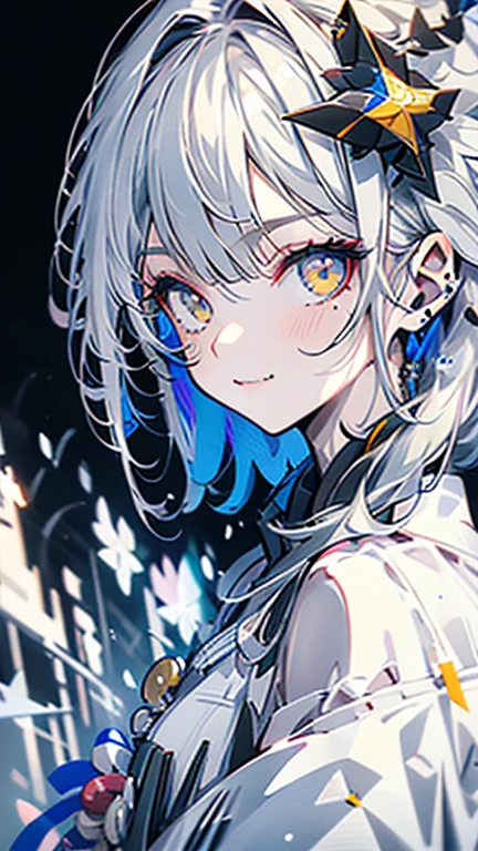 grey hair, white hair, ahoge, asymmetrical bangs, shiny hair, wet hair, mullet, crescent hair ornament, mole under eye, mismatched pupils, yellow eyes, longeyelashes, evil smile, fangs, doyagao, anime, anime style, Hyperrealism, god rays, character chart, omake, tachi-e, UHD, masterpiece, accurate, anatomically correct, high details, super detail, high quality, best quality, highres, 1080P, 16k