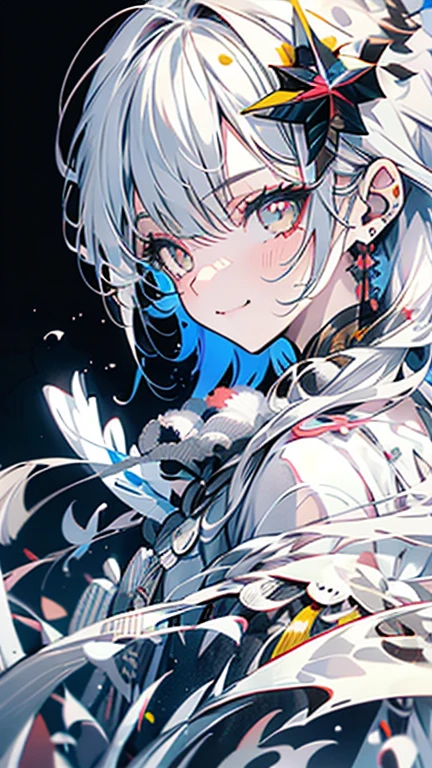 grey hair, white hair, ahoge, asymmetrical bangs, shiny hair, wet hair, mullet, crescent hair ornament, mole under eye, mismatched pupils, yellow eyes, longeyelashes, evil smile, fangs, doyagao, anime, anime style, Hyperrealism, god rays, character chart, omake, tachi-e, UHD, masterpiece, accurate, anatomically correct, high details, super detail, high quality, best quality, highres, 1080P, 16k