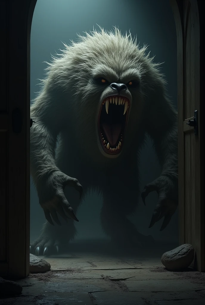 A huge evil wide grinning hyena exposing a set of sharp yellow teeth standing tall in a living room, background shadows, nightmare