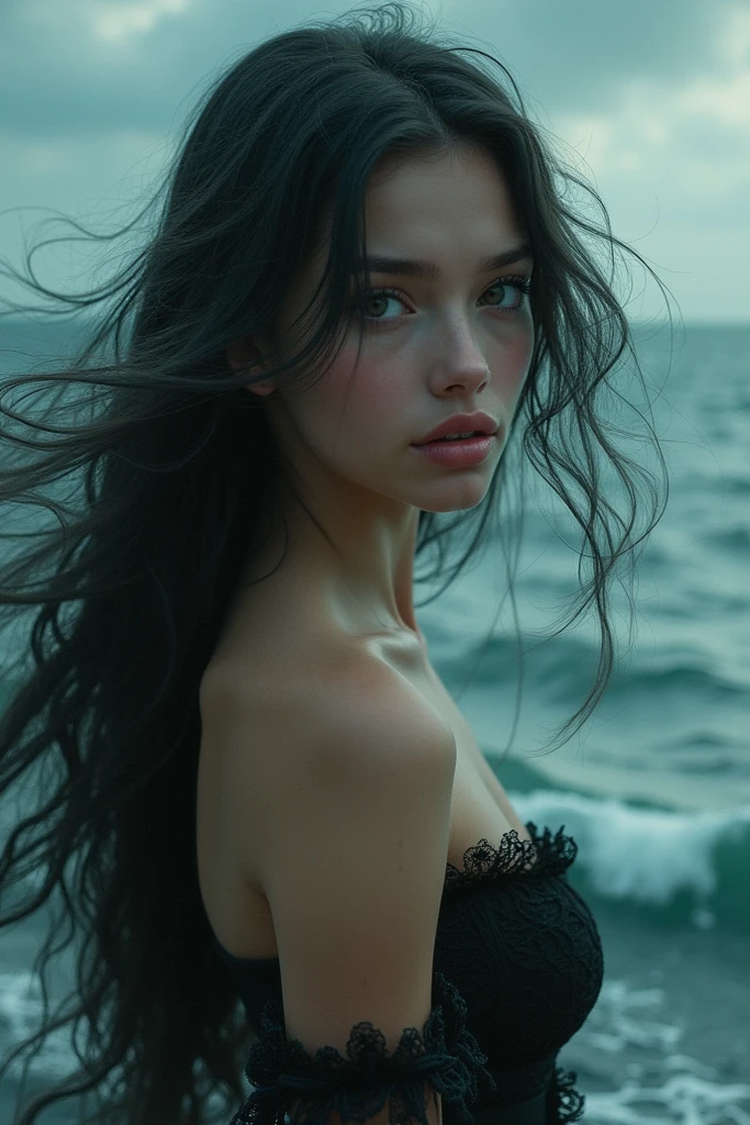 1 girl, on the seashore, long black hair, European, piercings in the ears, expressive blue eyes, covering her breasts with her hands