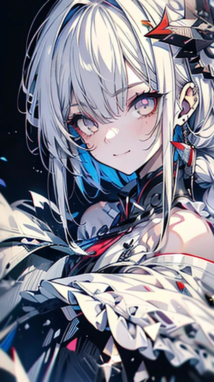 grey hair, white hair, ahoge, asymmetrical bangs, shiny hair, wet hair, mullet, crescent hair ornament, mole under eye, mismatched pupils, yellow eyes, longeyelashes, evil smile, fangs, doyagao, anime, anime style, Hyperrealism, god rays, character chart, omake, tachi-e, UHD, masterpiece, accurate, anatomically correct, high details, super detail, high quality, best quality, highres, 1080P, 16k