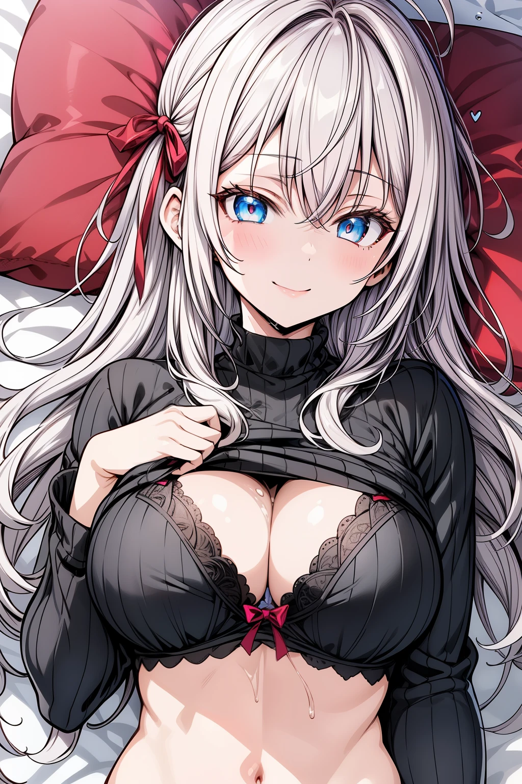  Highly detailed anime-style illustration of a beautiful anime girl lying on a bed, with a seductive and playful expression. She has long, flowing silver hair with a single ahoge (hair strand) sticking up and wears red ribbons tied in her hair. Her eyes are large and vibrant blue, with a soft blush on her cheeks. The girl is lifting up her tight black sweater, revealing a blue, lacy bra that highlights her ample chest. The bra is slightly wet, with water droplets glistening on her skin for a shiny effect. The background is a cozy bed with a white pillow and reddish-orange sheets. The lighting is soft and warm, emphasizing her smooth skin and the glossy wet details. A heart icon appears near her face, indicating a cute and flirtatious mood. Focus on the character's facial expression, emphasizing her alluring smile and confident gaze. Ensure a bright, clean anime aesthetic with detailed highlights and soft shading. big breasts, hearts 